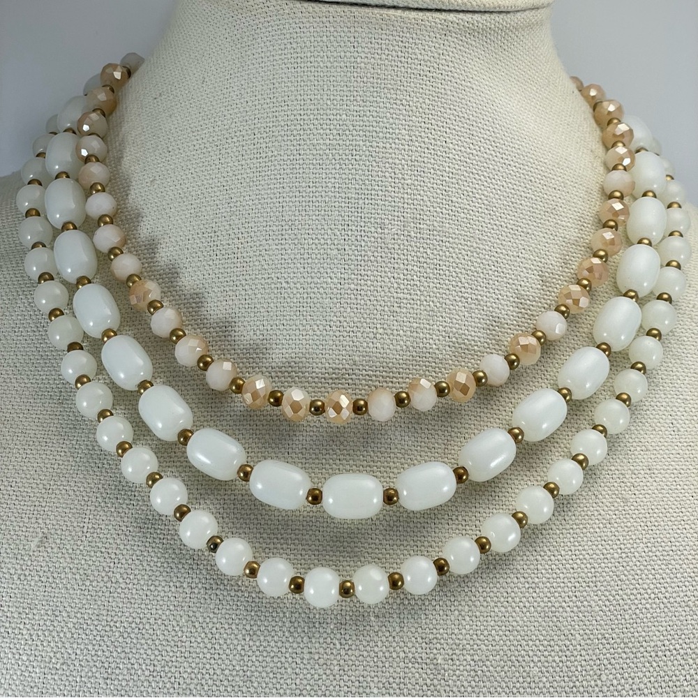 Bold Statement Necklace Gold Tone White Glass Beaded Layered Chunky Boho Casual
